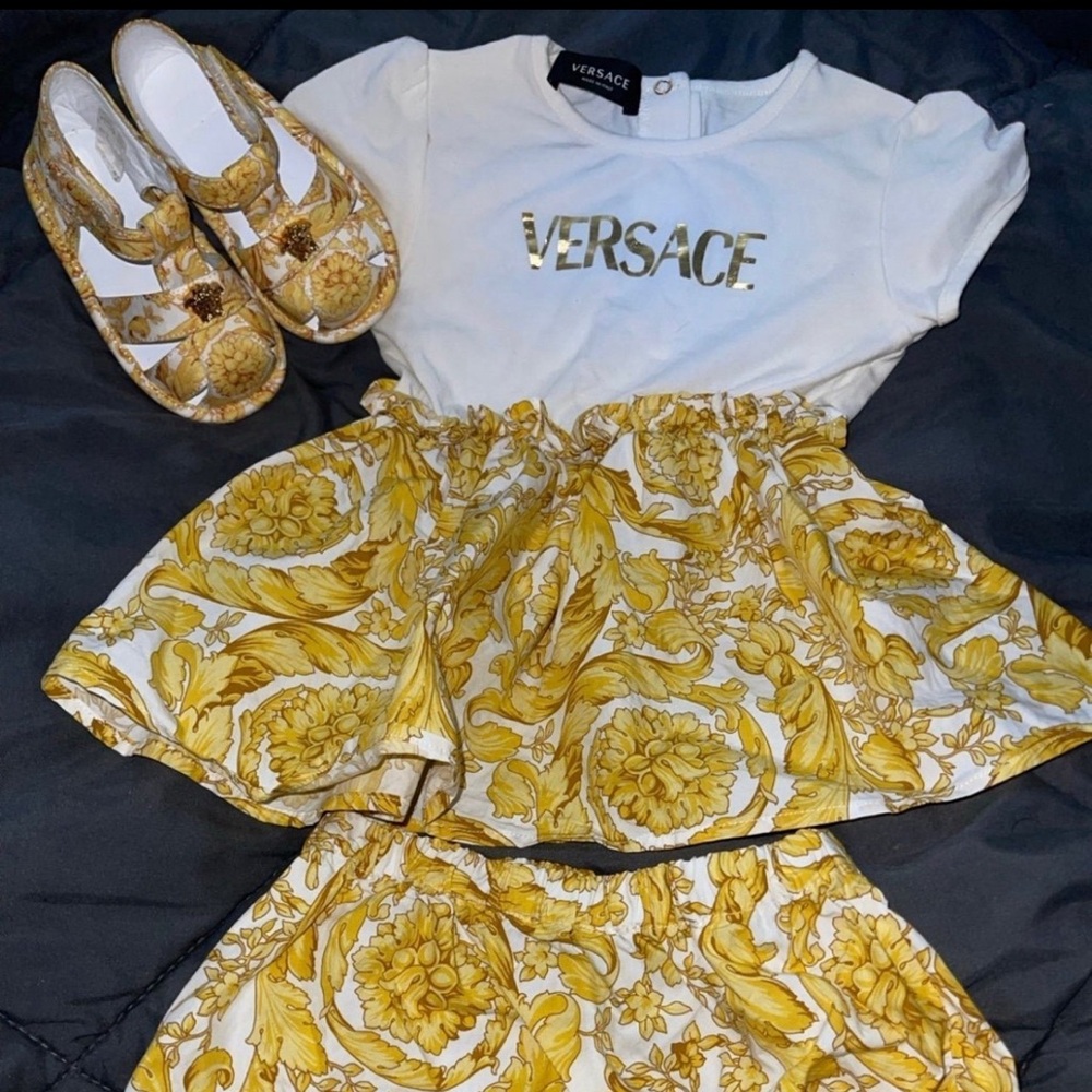 9-12 month Versace Dress, Shorts, and Shoes